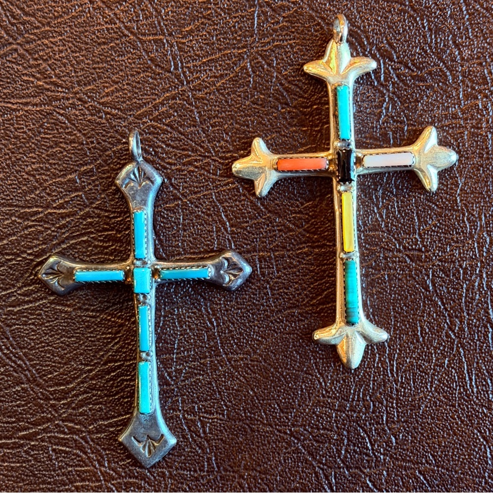 💚Vintage Zuni Sterling Silver💚Multi Stone Cross Pendant by G & L Leekity